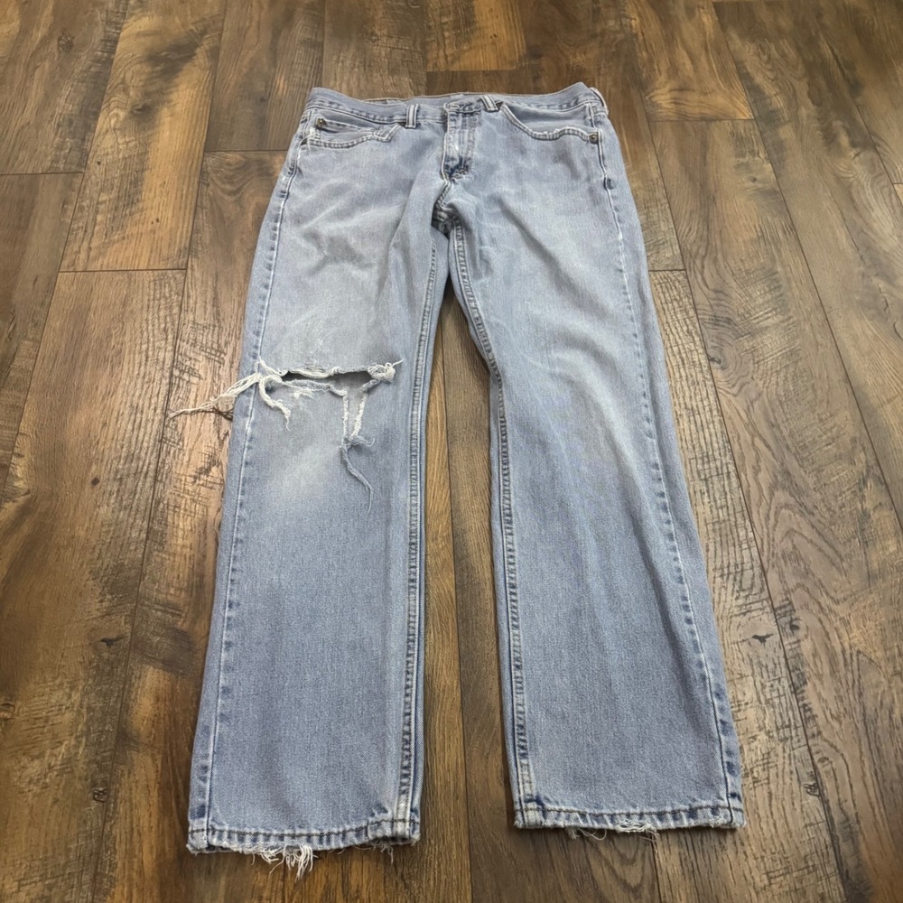 Levis 505 Regular Fit Light Wash Distressed Straight Leg Jeans Men 34x32 Western